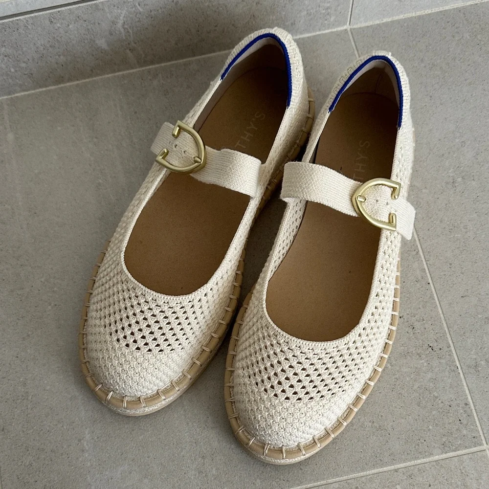 Rothy's Cream Knit Espadrille Mary Jane Flats with Gold Buckles
